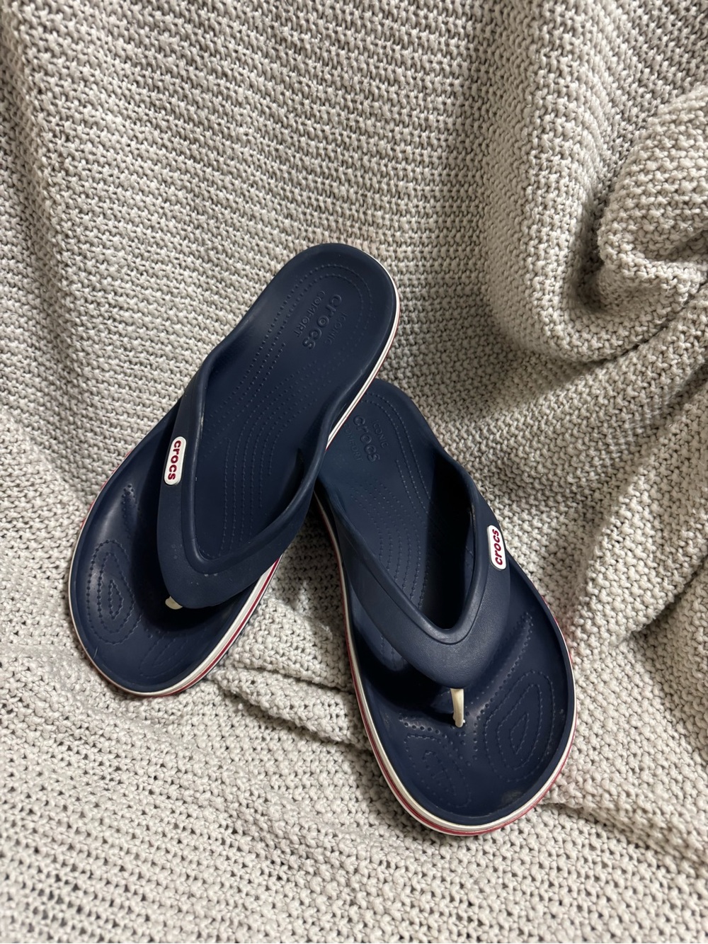 CROCS Navy Blue Men’s Flip-Flop Sandals with Red & White Trim